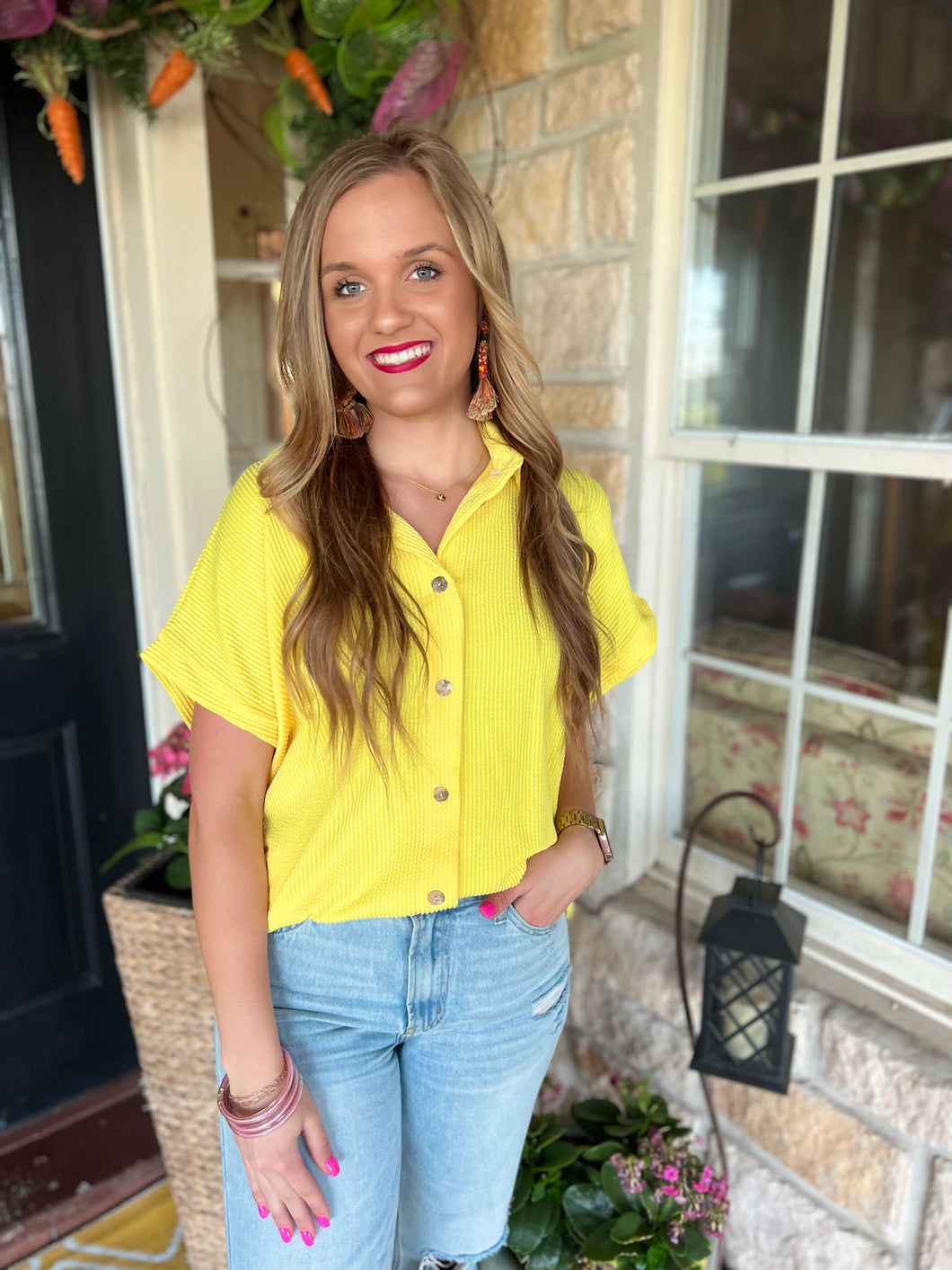 Yellow Ribbed Button Top