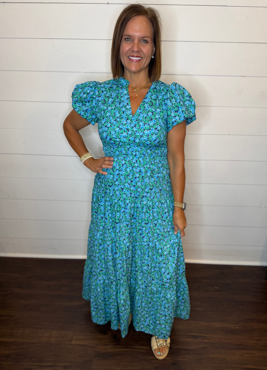 Blue & Green Floral Pattern Long Dress