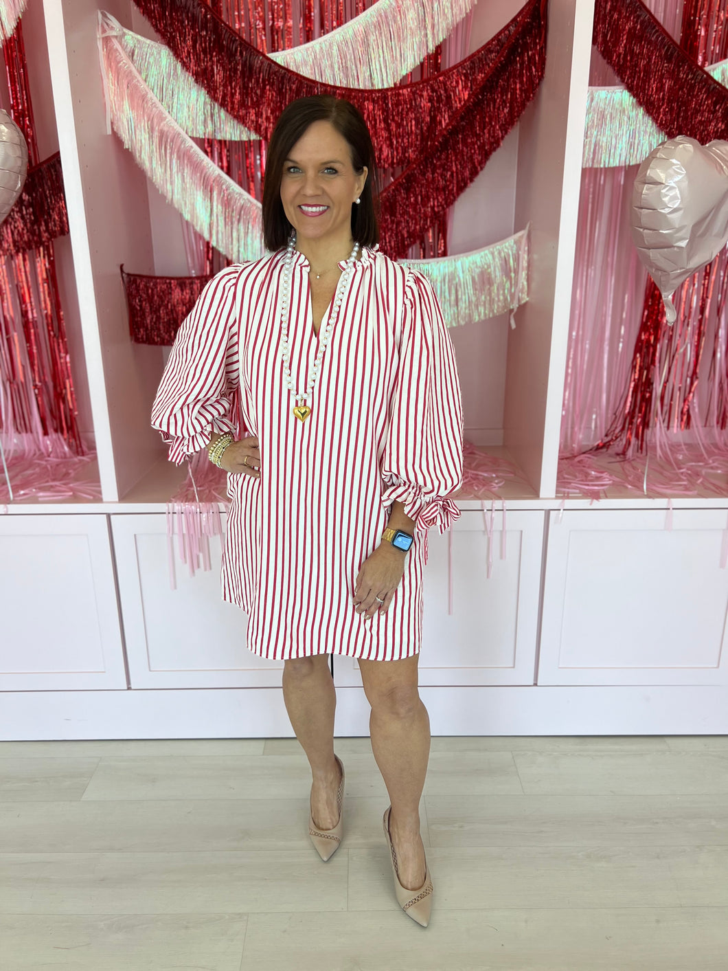 Red Bow Long Sleeve Stripe Dress