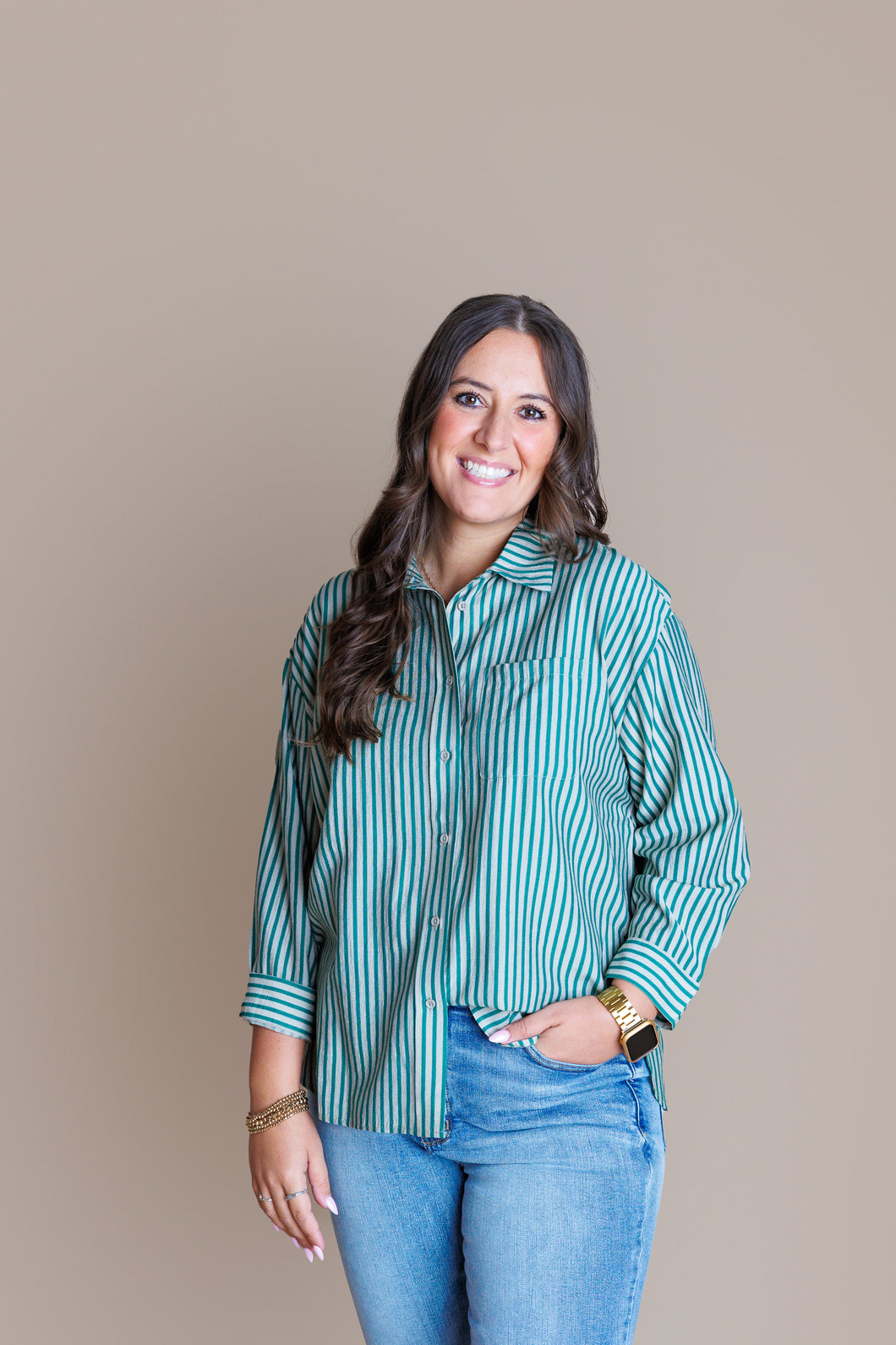 Tarra Green-Beige Striped Top